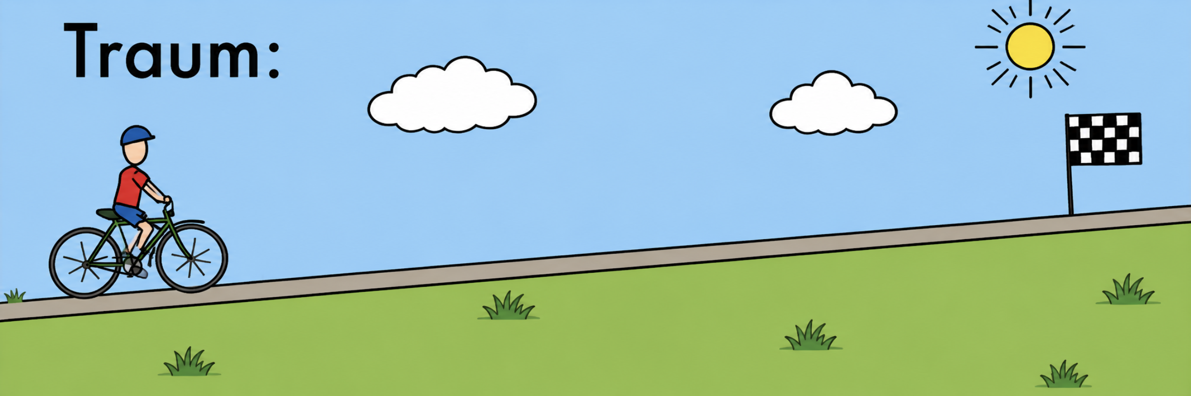 Illustration eines Kindes auf dem Fahrrad mit Ziel-Flagge, Sonne, Wolken und der Aufschrift „Traum“.
